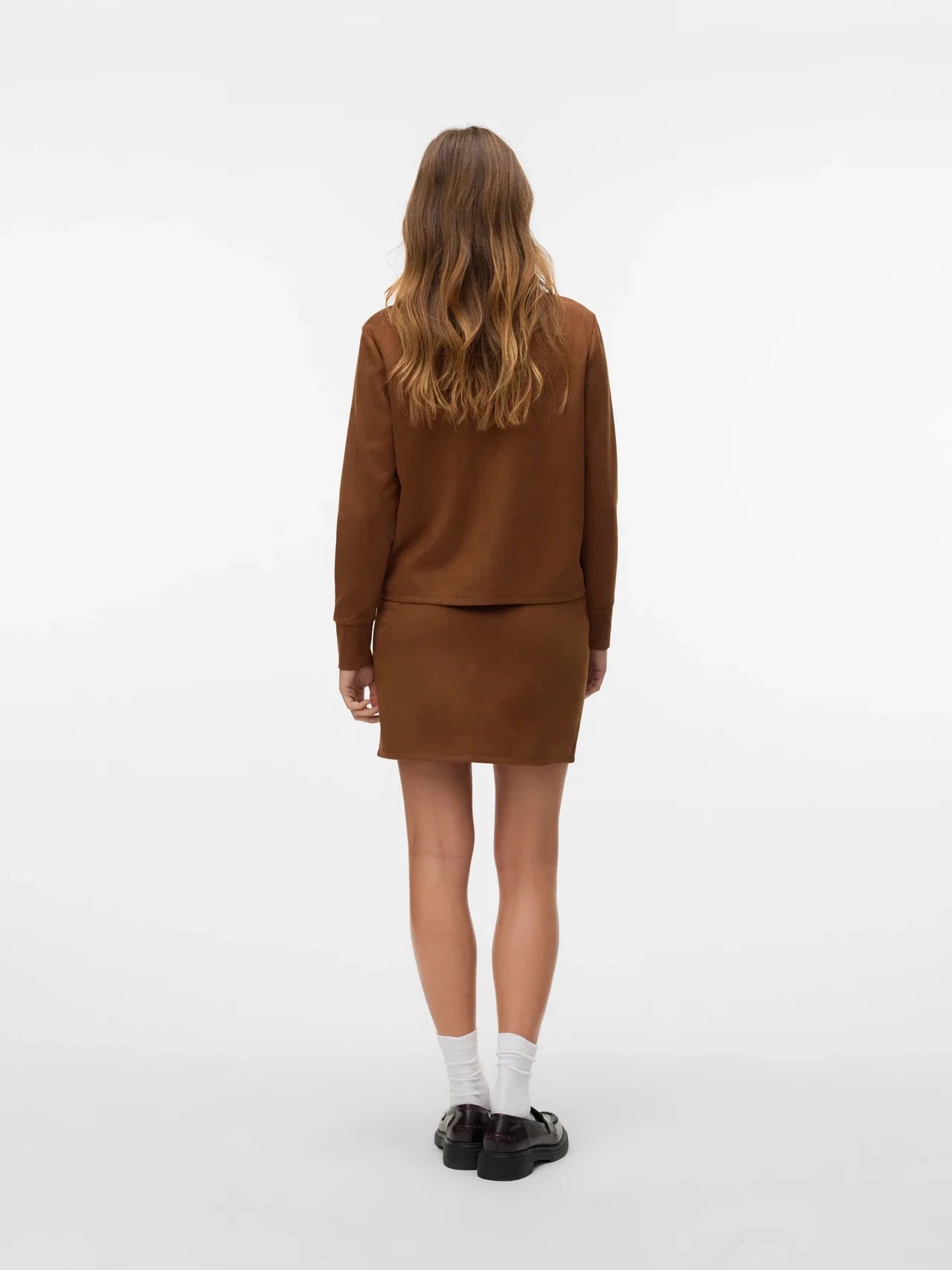 Women’s camel brown suede-look button-up blouse for elevated casual and smart casual styling.