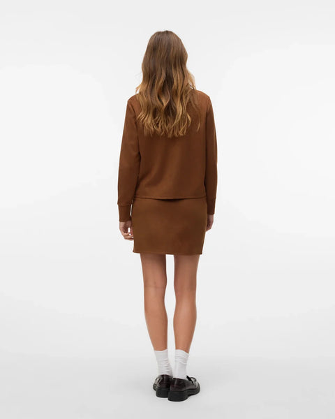 Women’s camel brown suede-look button-up blouse for elevated casual and smart casual styling.