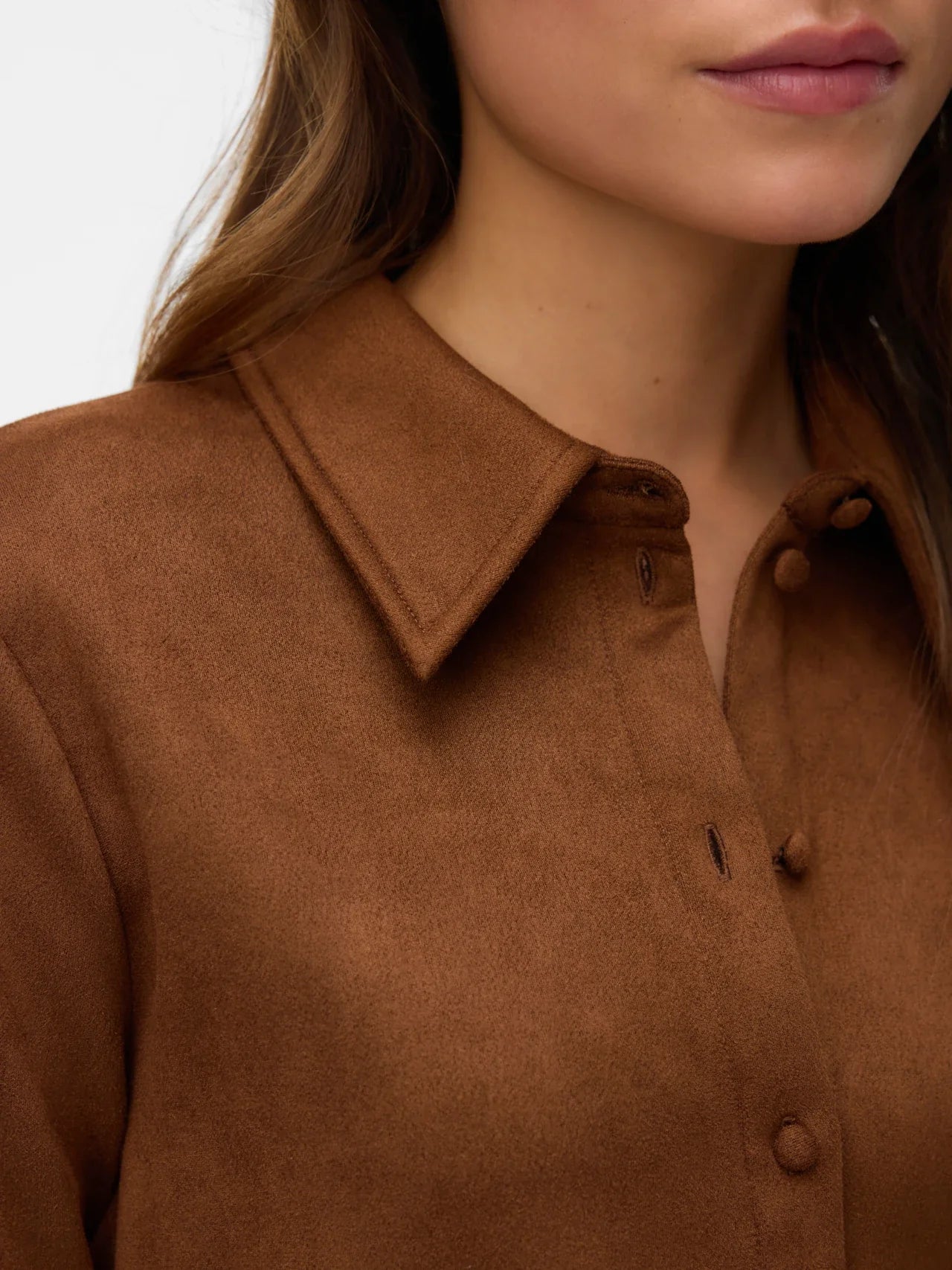 Women’s camel brown button-up shirt with soft suede-effect finish and classic collared neckline.