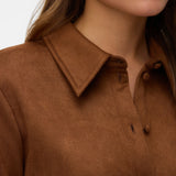 Women’s camel brown button-up shirt with soft suede-effect finish and classic collared neckline.