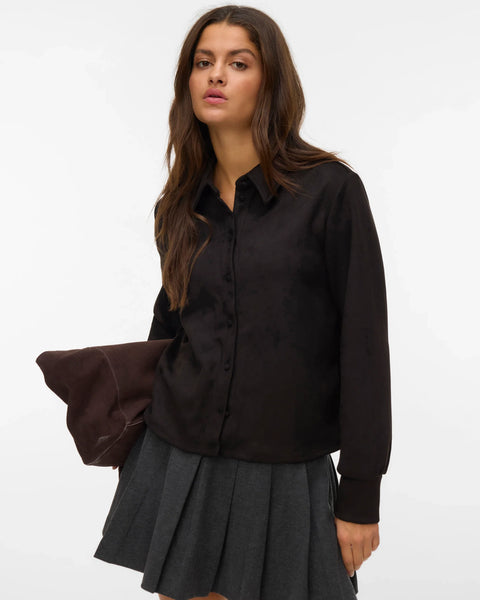 Women's black long-sleeve collared top with button-front design for polished workwear and elevated casual style.