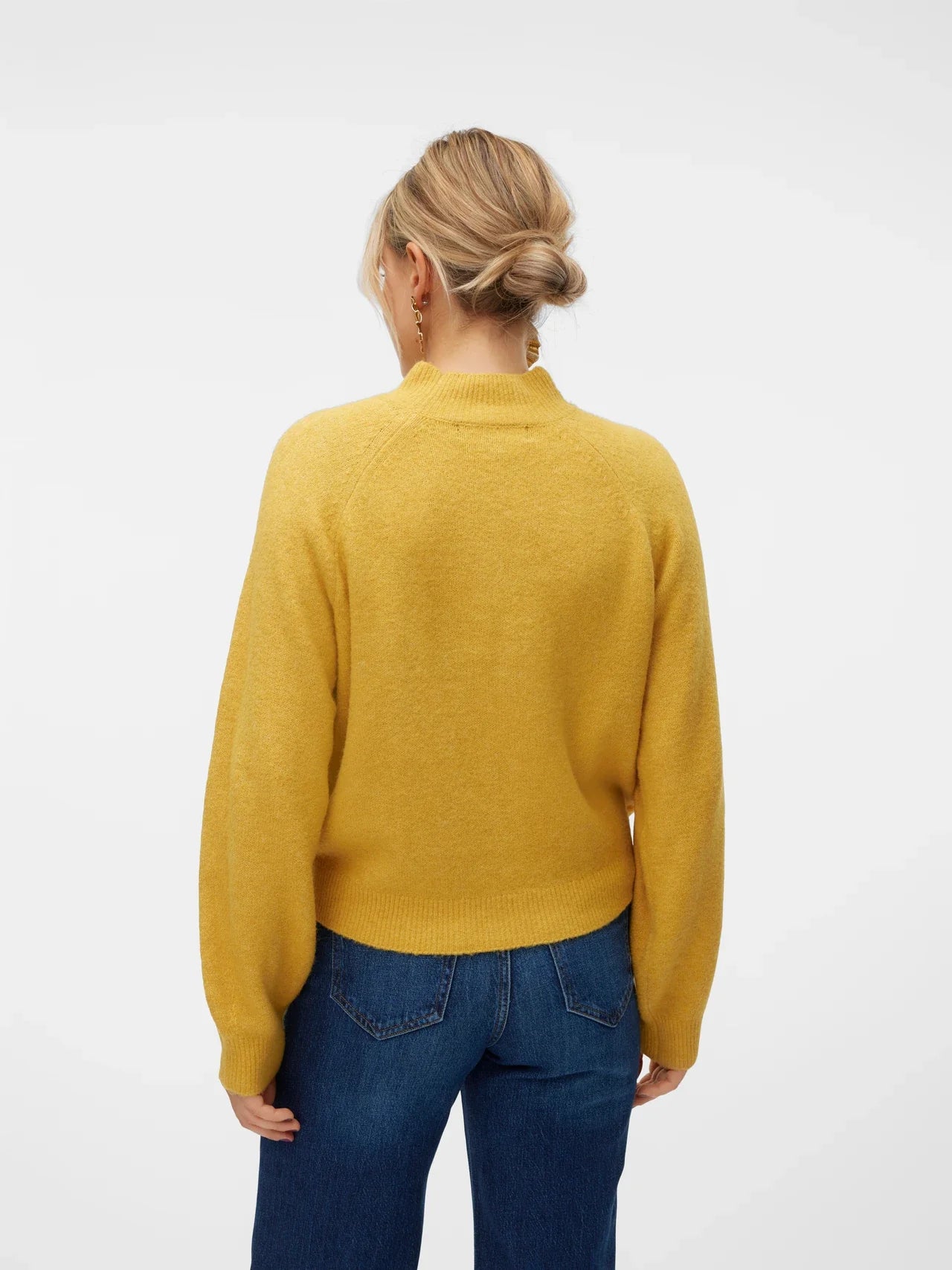 Women’s mustard yellow sweater with mock neck, long sleeves, and relaxed fit for cozy fall and winter outfits.