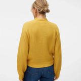 Women’s mustard yellow sweater with mock neck, long sleeves, and relaxed fit for cozy fall and winter outfits.