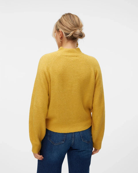Women’s mustard yellow sweater with mock neck, long sleeves, and relaxed fit for cozy fall and winter outfits.
