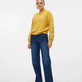 Women’s mustard yellow pullover knit sweater for trendy fall fashion and colorful winter outfits.