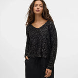 Women's black sequin top with V-neck and long sleeves, sparkly party top for holiday, cocktail and evening outfits.