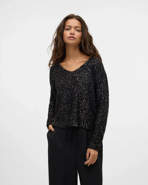 Women's black sequin top with V-neck and long sleeves, sparkly party top for holiday, cocktail and evening outfits.