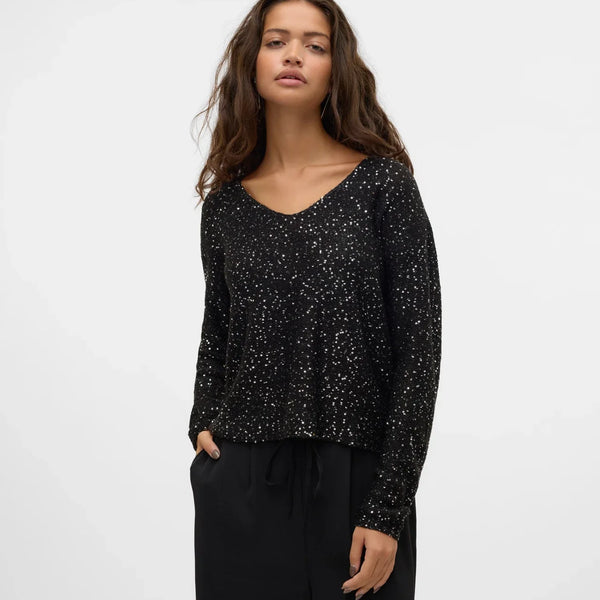 Women's black sequin top with V-neck and long sleeves, sparkly party top for holiday, cocktail and evening outfits.