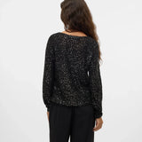 Women's black glitter top with long sleeves and relaxed fit, an elegant going-out top for parties and special occasions.