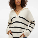 Trendy cream knit sweater with black stripes and cozy relaxed fit for elevated casualwear styling.