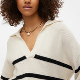 Women’s relaxed-fit striped knit top with collared V-neck and timeless casual luxury fashion appeal.