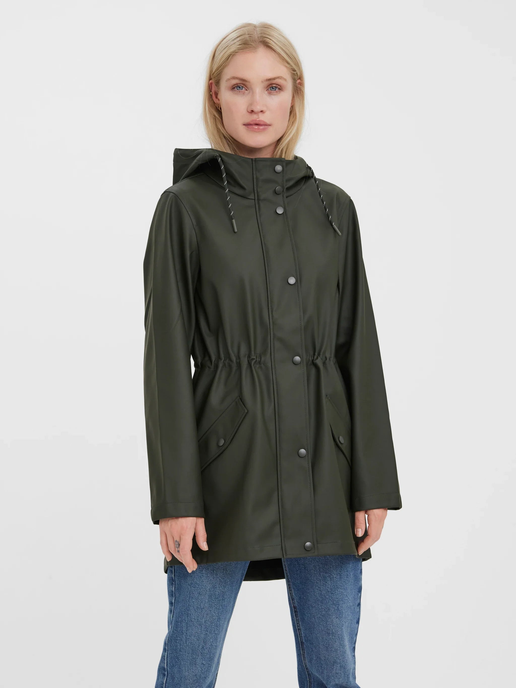 Women’s dark olive green hooded raincoat with drawstring waist and snap-front closure for stylish rainy-day and transitional weather outfits.