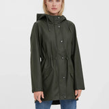 Women’s dark olive green hooded raincoat with drawstring waist and snap-front closure for stylish rainy-day and transitional weather outfits.