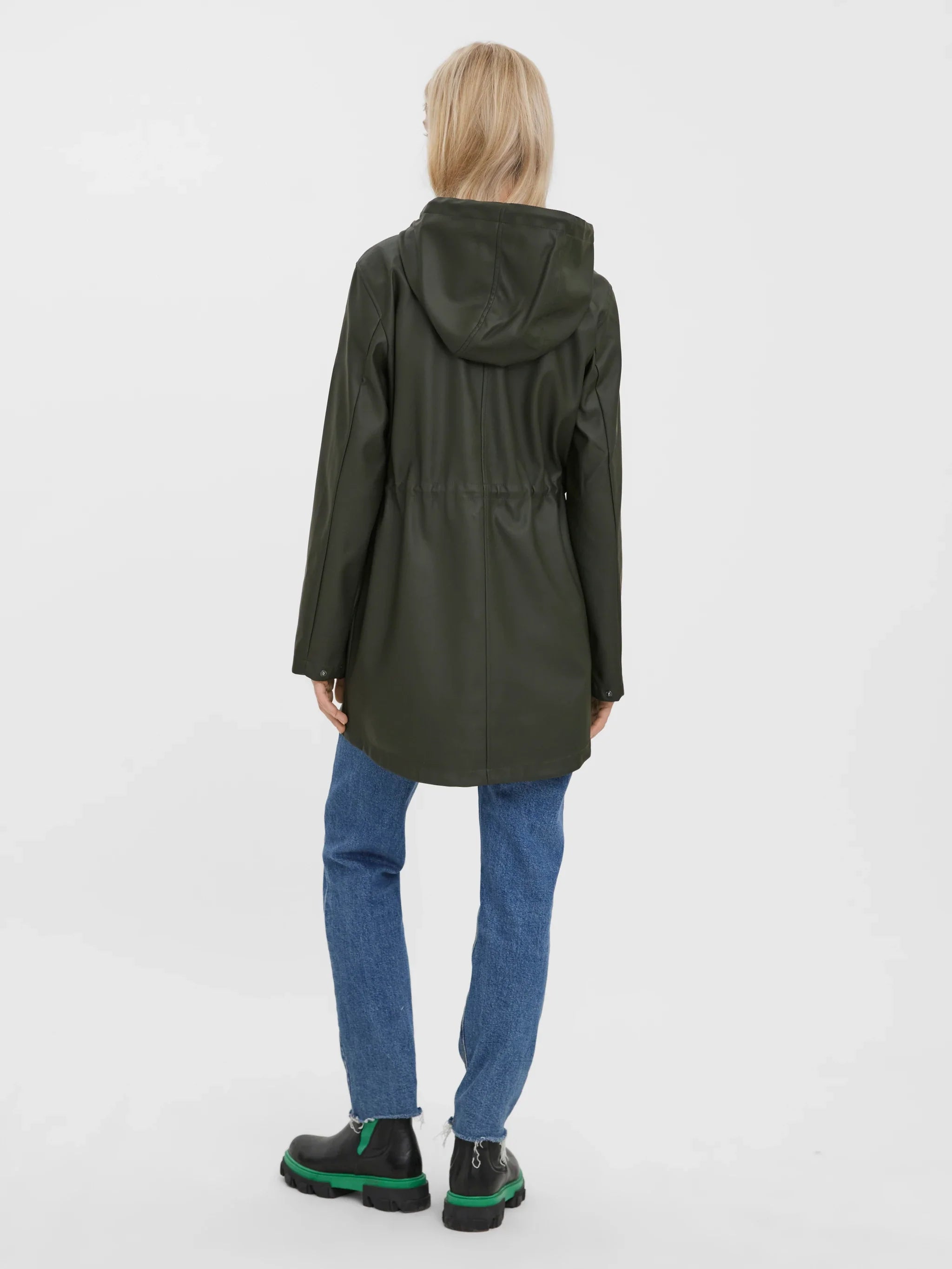 Women’s green hooded rain jacket with long sleeves, front pockets, and drawstring waist for versatile everyday and travel outerwear.
