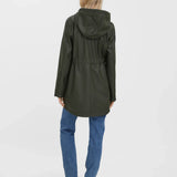 Women’s green hooded rain jacket with long sleeves, front pockets, and drawstring waist for versatile everyday and travel outerwear.