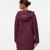 Women’s plum hooded rain jacket with front pockets and adjustable waist for commuting and travel.