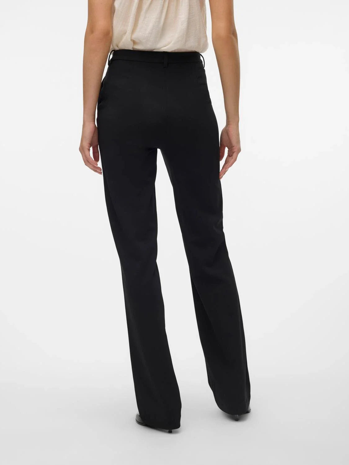 Stylish black wide leg slacks with timeless tailored fit and chic modern office-ready aesthetic.