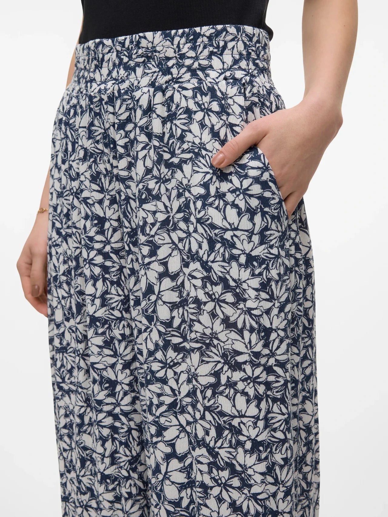 Boutique women’s wide leg trousers featuring soft floral print and elegant pull-on comfort fit.
