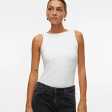 Chic white fitted tank bodysuit for women featuring a clean silhouette and elevated everyday capsule wardrobe aesthetic.