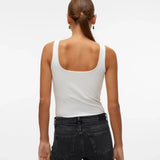 Back view of modern women’s white sleeveless essential top with tailored fit and sophisticated minimalist styling.