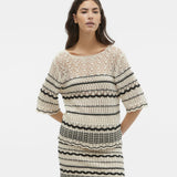 Stylish boho knit top with open crochet detailing and contrast stripes for effortless transitional season outfits.