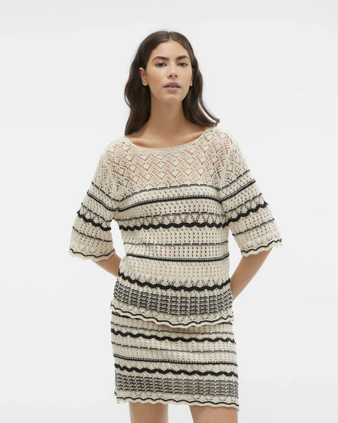 Stylish boho knit top with open crochet detailing and contrast stripes for effortless transitional season outfits.