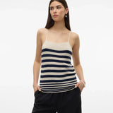 Casual luxe striped sweater cami in cream and navy with breathable knit construction for warm-weather dressing.