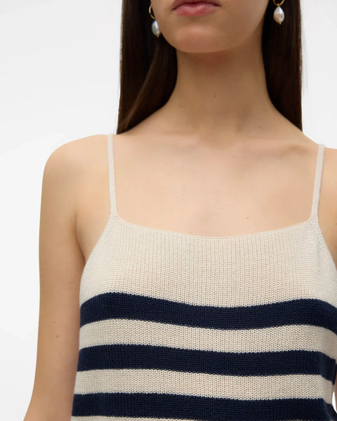 Modern nautical knit tank top featuring horizontal navy stripes and soft lightweight sweater fabric for versatile styling.