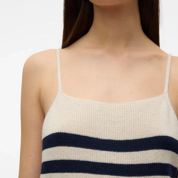 Modern nautical knit tank top featuring horizontal navy stripes and soft lightweight sweater fabric for versatile styling.