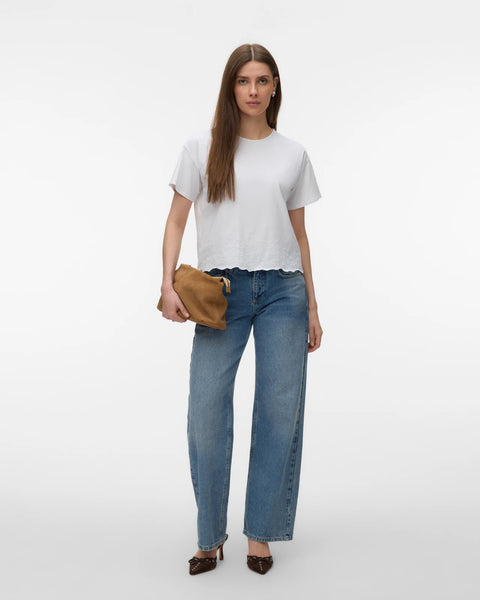 Women's white short sleeve blouse with embroidered floral hem, crew neckline and relaxed fit for elegant everyday and summer style.