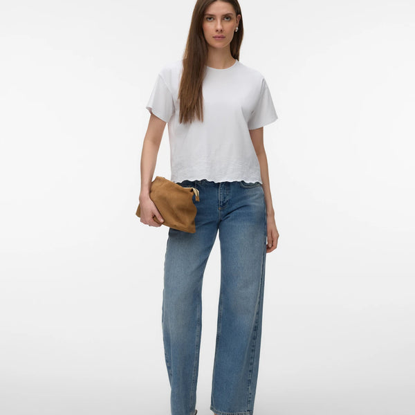Women's white short sleeve blouse with embroidered floral hem, crew neckline and relaxed fit for elegant everyday and summer style.