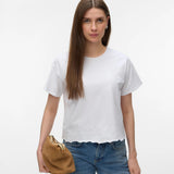 Elegant white woven top with subtle floral embroidery, relaxed fit and classic crew neckline for office, travel and weekend outfits.