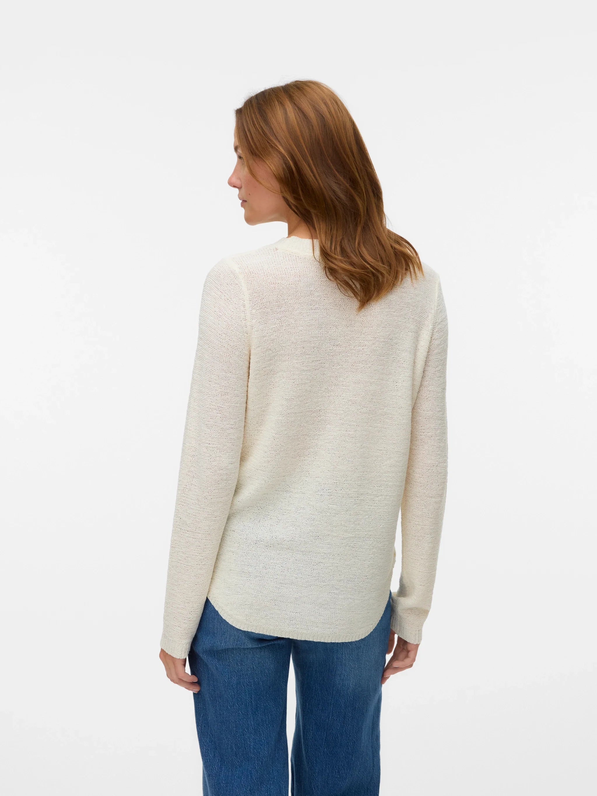 Elegant women's off-white pullover featuring a fine knit texture, long sleeves and comfortable relaxed silhouette for timeless casual style.