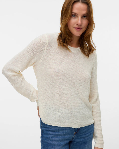 Ivory fine knit pullover sweater with long raglan sleeves and minimalist design for versatile transitional season styling.