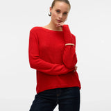 Bright red fine knit pullover sweater with long raglan sleeves and minimalist design for versatile transitional season styling.