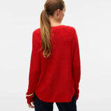 Women's versatile red crew neck pullover with relaxed silhouette and fine knit texture for comfortable work, weekend and transitional outfits.