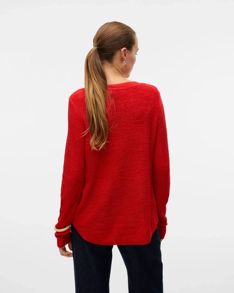 Women's versatile red crew neck pullover with relaxed silhouette and fine knit texture for comfortable work, weekend and transitional outfits.