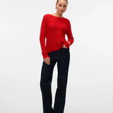 Women's minimalist red knit sweater with long sleeves and lightweight textured finish for capsule wardrobes, travel and everyday styling.
