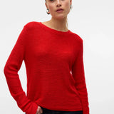 Boutique women's red crew neck knit sweater with long sleeves and lightweight texture for minimalist layering and effortless everyday fashion.