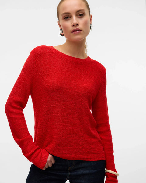 Boutique women's red crew neck knit sweater with long sleeves and lightweight texture for minimalist layering and effortless everyday fashion.