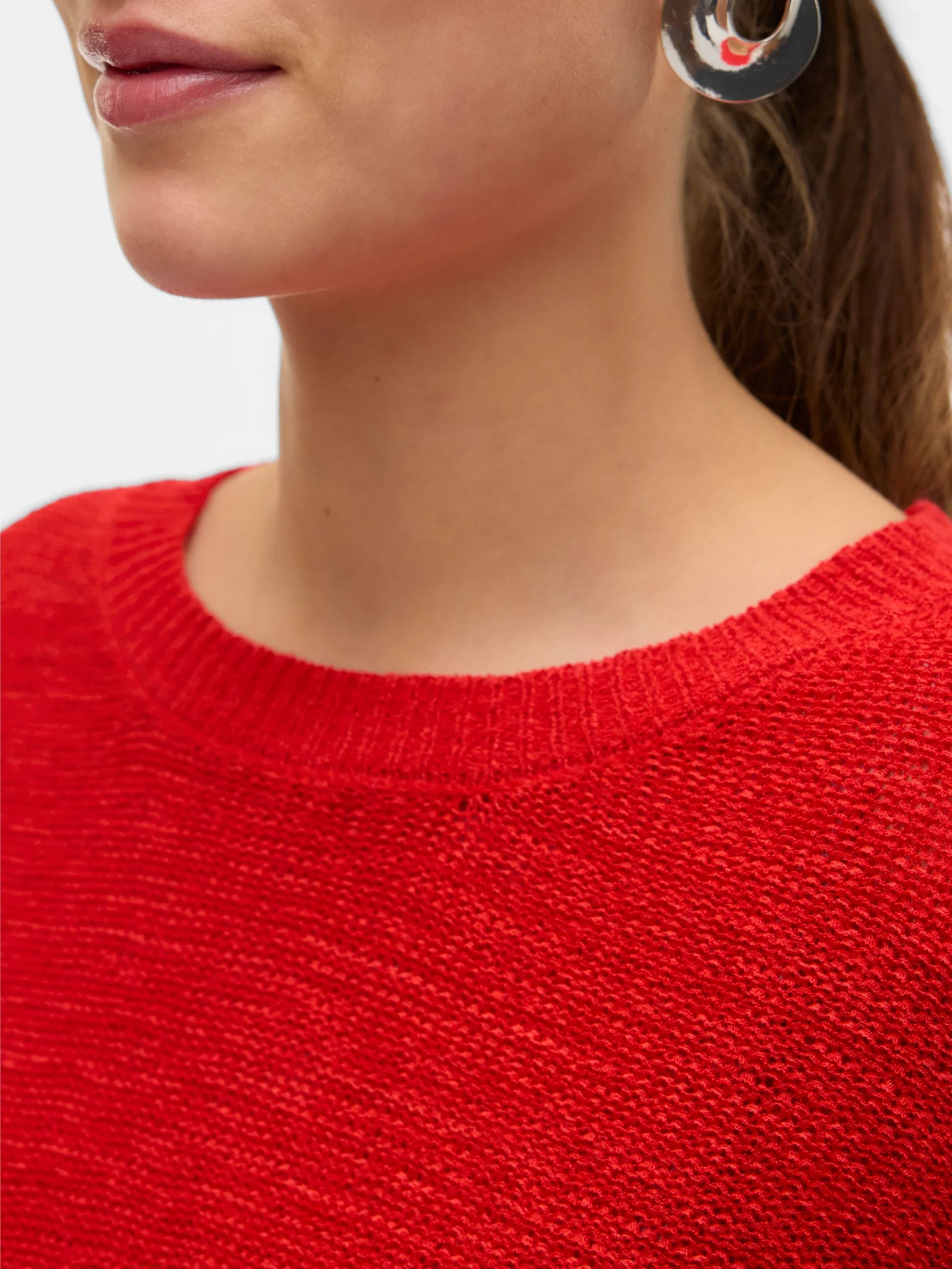 Boutique women's red fine knit pullover featuring a classic round neckline and relaxed silhouette for casual everyday and smart casual outfits.
