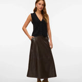 Women’s chocolate brown vegan leather midi skirt with flattering A-line silhouette and panel seams.