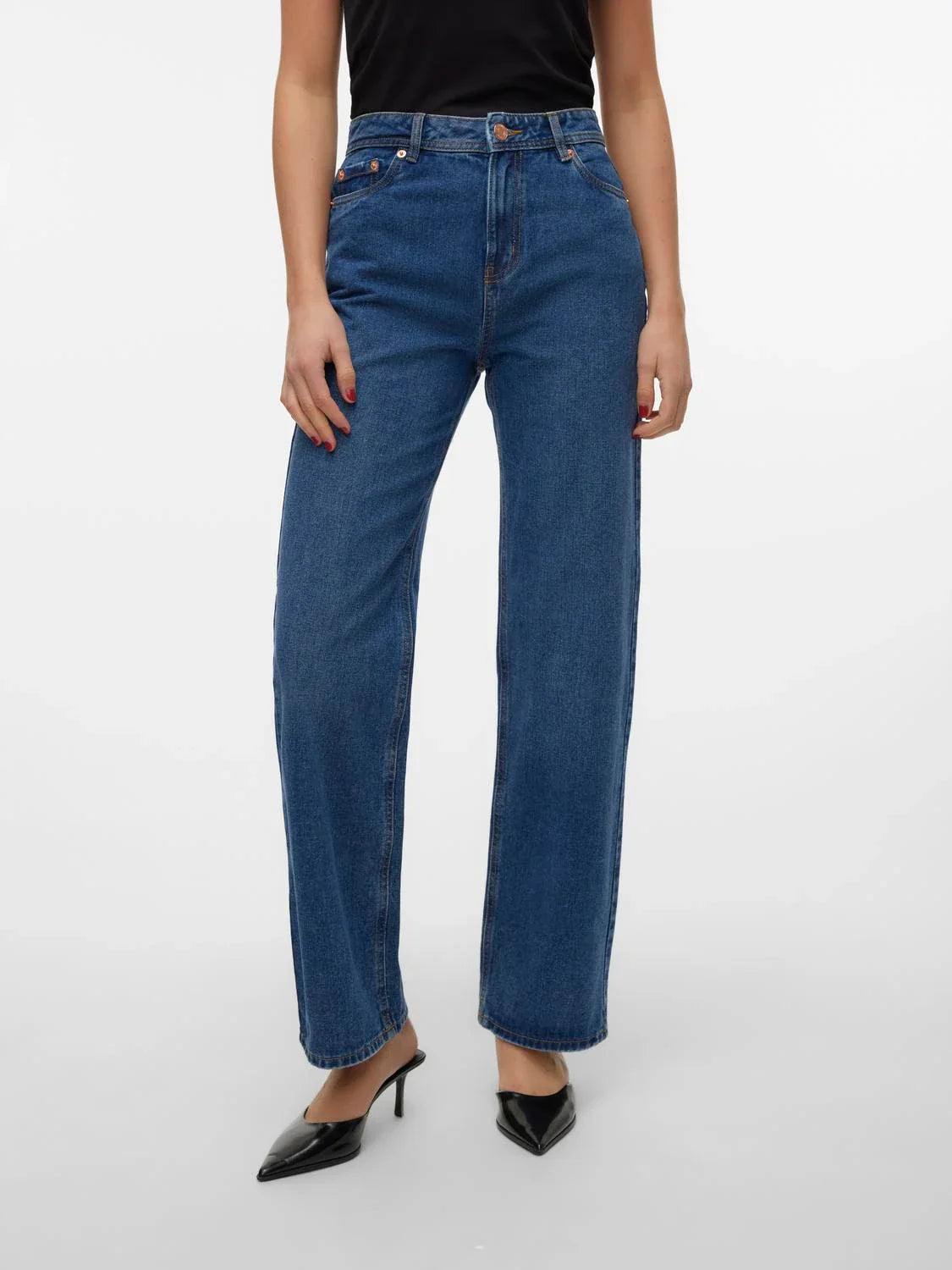 Women’s contemporary denim jeans featuring structured high rise waist, roomy leg fit, and timeless dark wash styling.