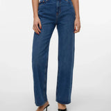 Women’s contemporary denim jeans featuring structured high rise waist, roomy leg fit, and timeless dark wash styling.