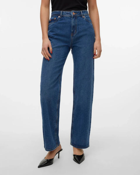 Women’s contemporary denim jeans featuring structured high rise waist, roomy leg fit, and timeless dark wash styling.