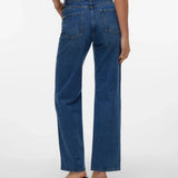 Chic wide leg blue jeans for women featuring classic five-pocket design and flattering relaxed fit for daily wear.