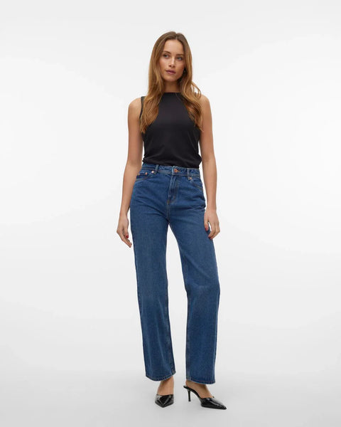 Women’s relaxed fit jeans in medium-dark denim wash with wide leg styling and comfortable high-waisted construction.