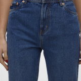 Fashion-forward women’s blue denim pants with straight wide leg fit and clean minimalist vintage jean aesthetic.