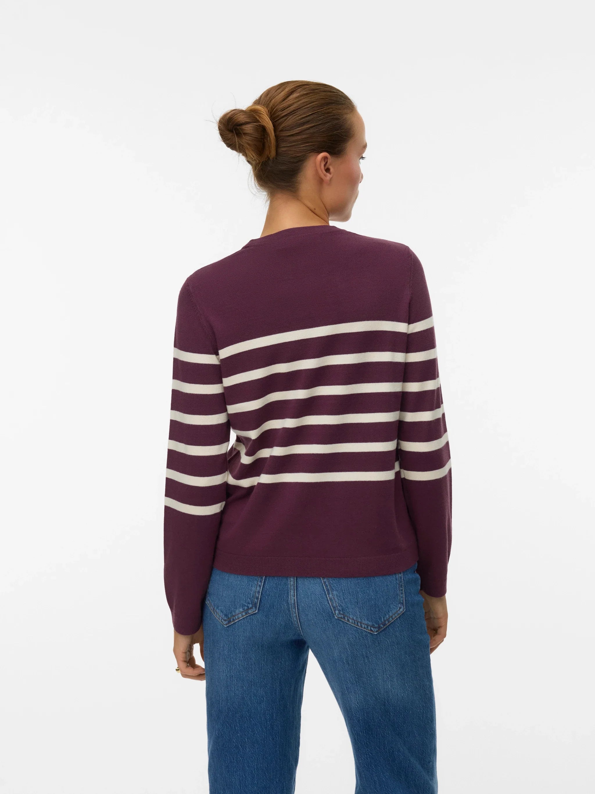 Back view of women’s plum Breton sweater with modern preppy aesthetic and slim silhouette