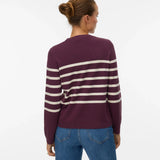 Back view of women’s plum Breton sweater with modern preppy aesthetic and slim silhouette